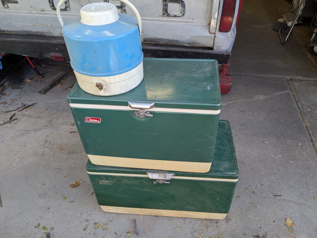 Metal Coleman coolers ice chest water jug Thermos camping vintage