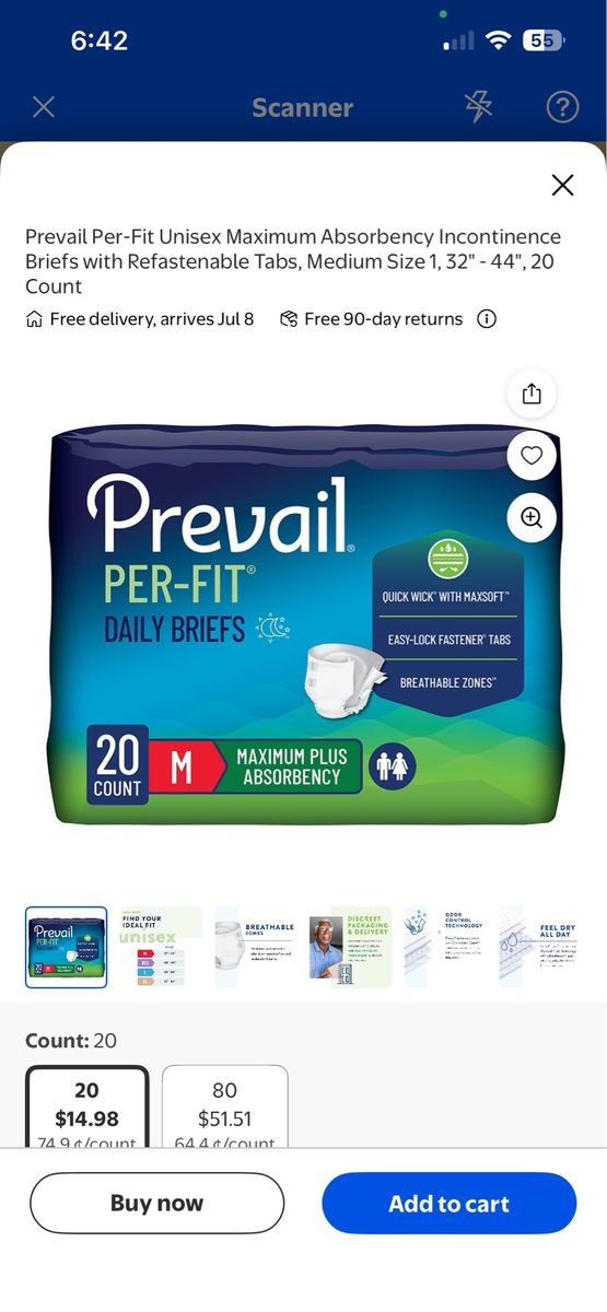 Prevail Per-Fit Unisex Daily Briefs, Medium (32"-44"), Maximum Plus Absorbency, 20 Count