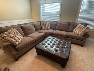Custom Mayo Sectional Sofa with Nailhead Trim and Tufted Leather Ottoman Set