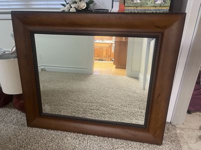 Large Rectangle Wood Framed Wall Mirror, Decorative Beaded Edge, 36" x 29"