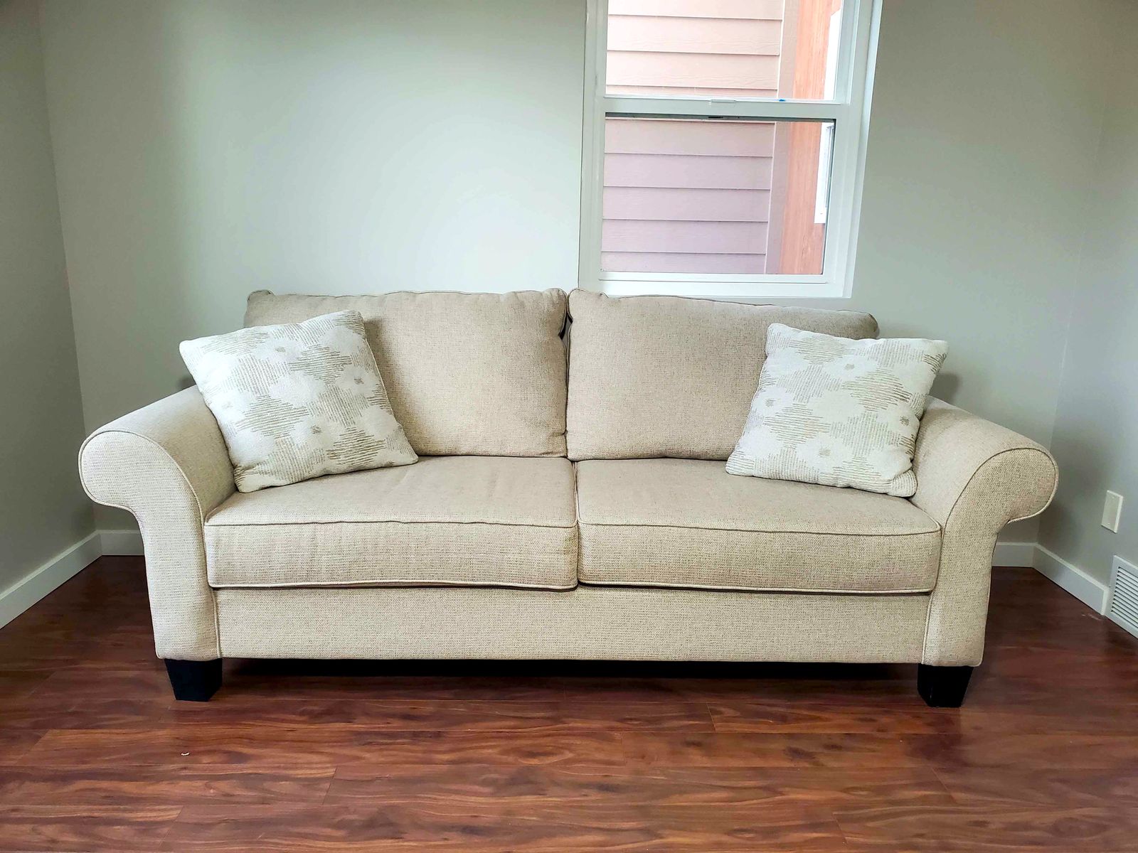 3-seat Beige Couch / Sofa with Throw Pillows - Excellent Condition