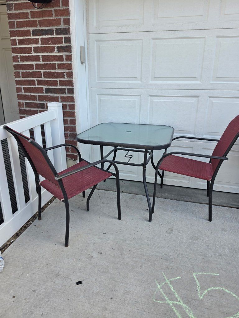 Patio Bistro Set - 2 Chairs & Glass Top Table - Red & Black Outdoor Furniture