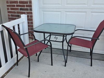 Patio Bistro Set - 2 Chairs & Glass Top Table - Red & Black Outdoor Furniture