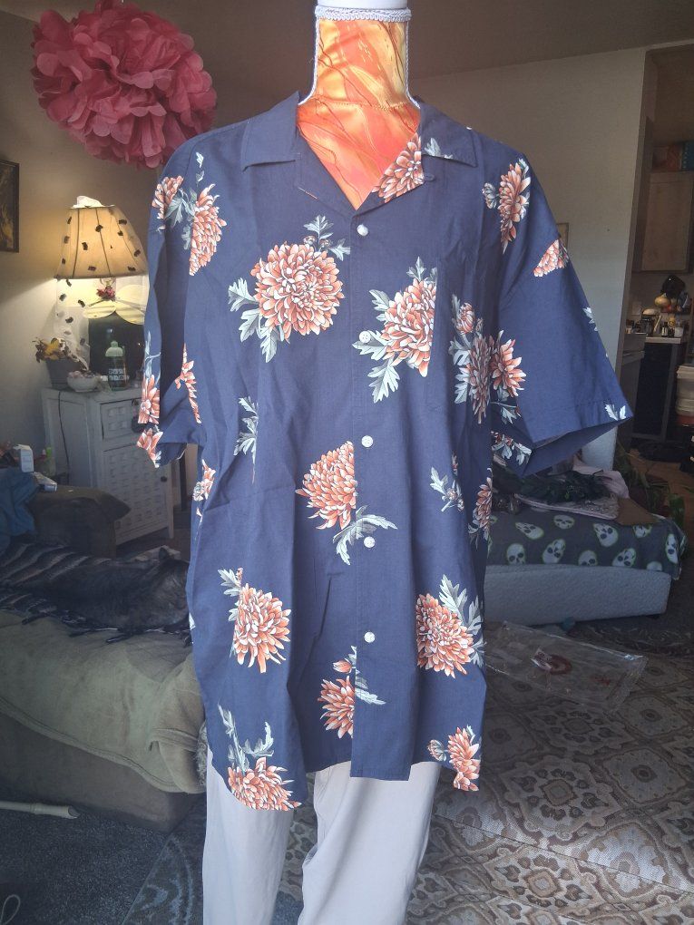 The Vacay Collection Short Sleeve Button-Up Shirt - Navy Floral Print - Men's XL (Cotton/Poly Blend)