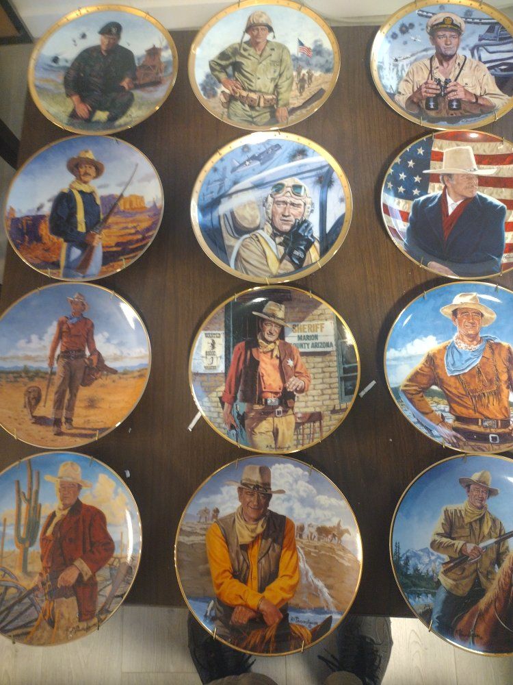 John Wayne Collector's Lot: Franklin Mint Plates, VHS Tapes, Mug, Figurines & More
