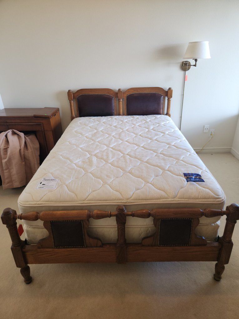Oak Wood & Leather Queen Bed Frame - Used