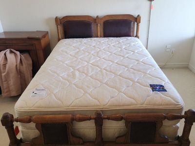 Oak Wood & Leather Queen Bed Frame - Used