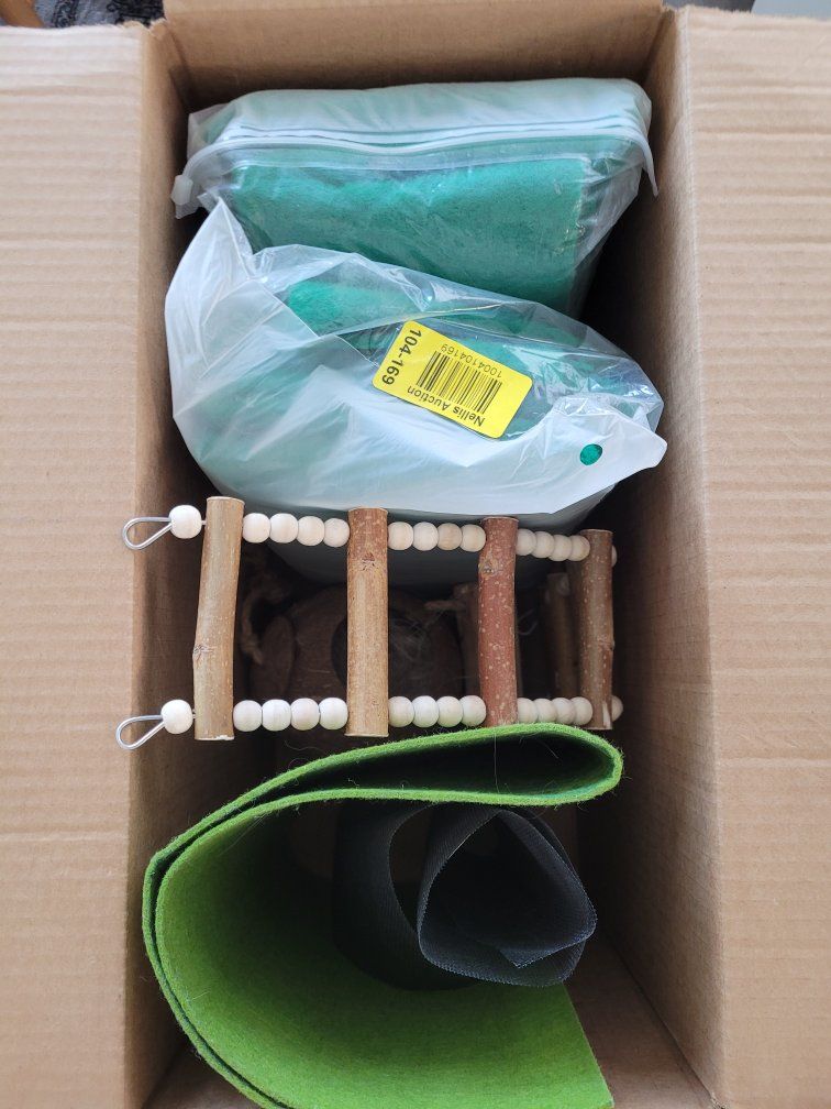 Small Animal / Reptile / Bird Habitat Accessories - Coconut Hideaway, Wood Ladder, Green Mat, Mesh