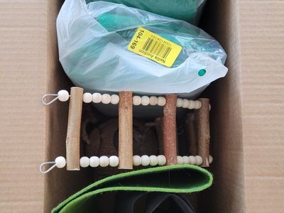 Small Animal / Reptile / Bird Habitat Accessories - Coconut Hideaway, Wood Ladder, Green Mat, Mesh