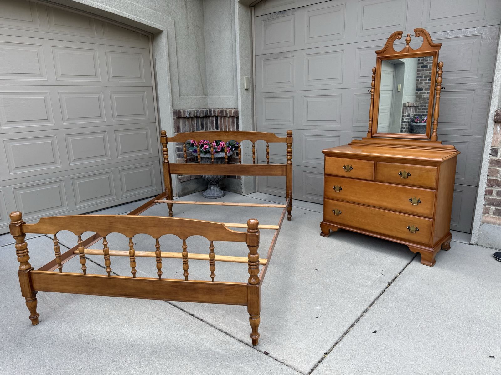Vintage Wooden Spindle Bed Frame and Matching Dresser with Mirror