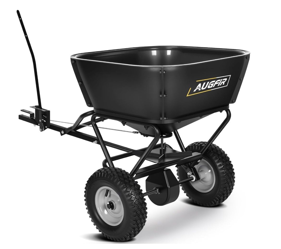 NEW AugFir Tow Behind Broadcast Spreader, 130 LBS Capacity Lawn Fertilizer Spreader / Riding Mower