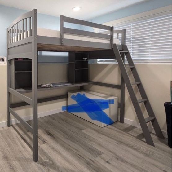 Gray Loft Bed with Desk and Shelves - Space-Saving Full Size Bunk Bed Frame Mattress included
