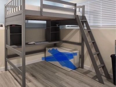 Gray Loft Bed with Desk and Shelves - Space-Saving Full Size Bunk Bed Frame Mattress included
