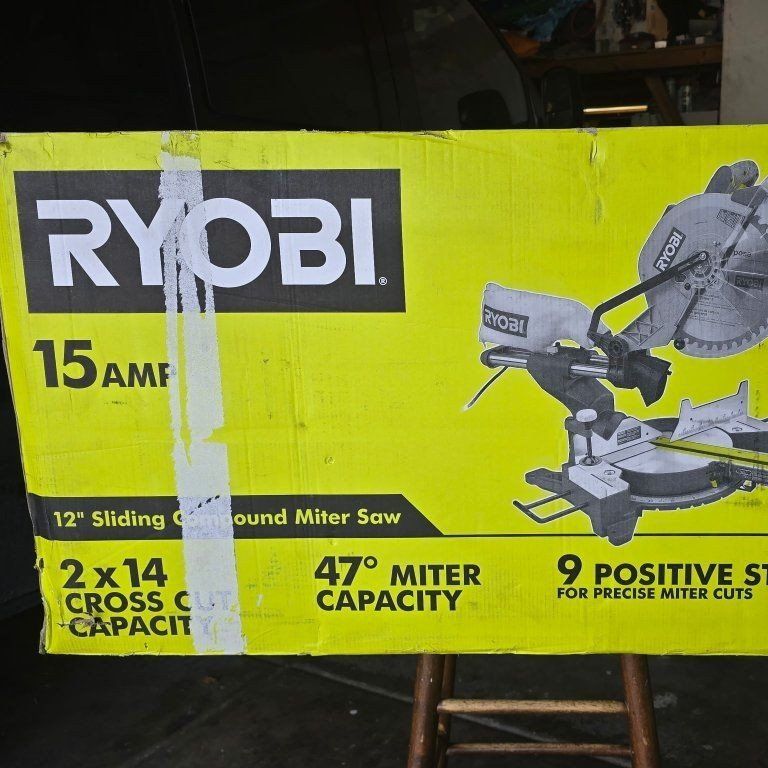Ryobi 12" Sliding Compound Miter Saw with Laser, 15 Amp, 47° Miter Capacity, 9 Positive Stops