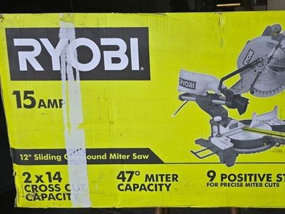 Ryobi 12" Sliding Compound Miter Saw with Laser, 15 Amp, 47° Miter Capacity, 9 Positive Stops