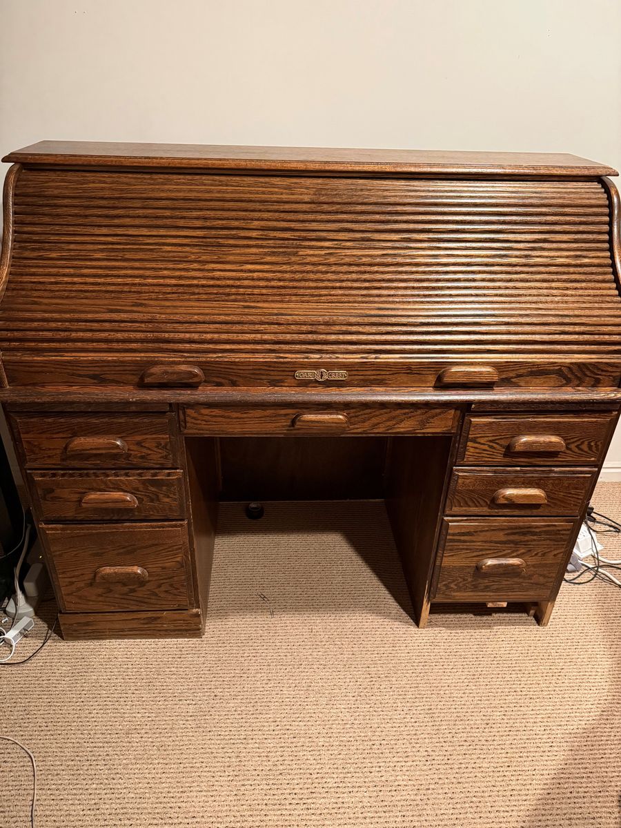 Large Oak Crest Roll Top Desk