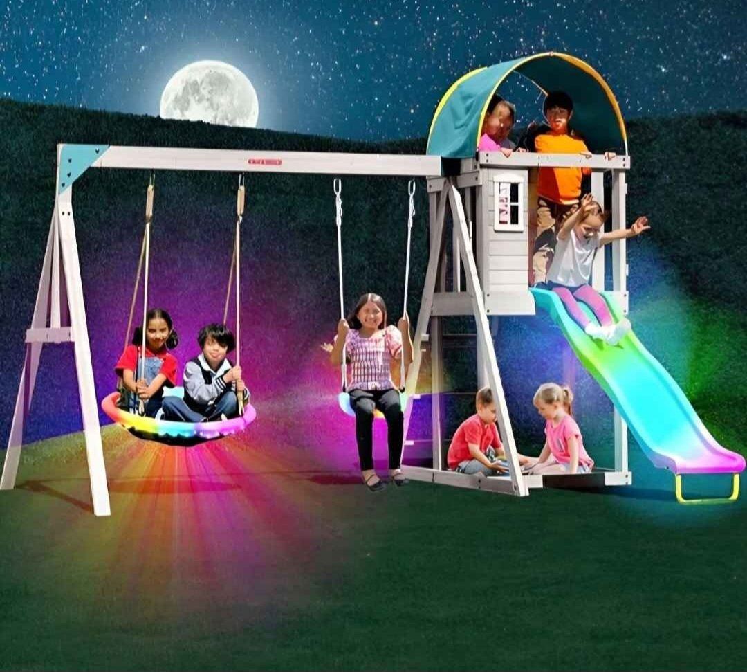 Sportspower Amelia Galaxy Cedar Wooden Swing Set for Night Play with 2 LED Swings, Play Fort with Sandbox, Heavy Duty Double A-F