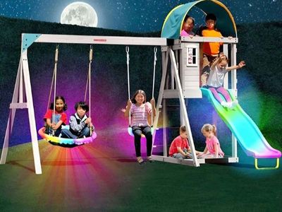 Sportspower Amelia Galaxy Cedar Wooden Swing Set for Night Play with 2 LED Swings, Play Fort with Sandbox, Heavy Duty Double A-F
