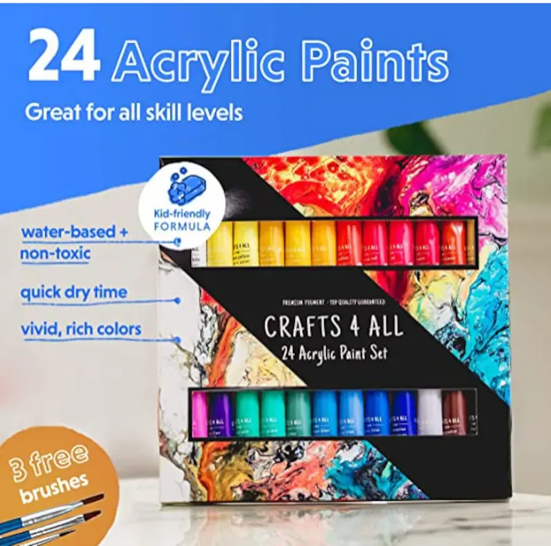 Crafts 4 All Acrylic Paint Set for Adults and Artists - 24 Pack of 12mL Paints with 3 Art Brushes,