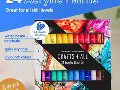 Crafts 4 All Acrylic Paint Set for Adults and Artists - 24 Pack of 12mL Paints with 3 Art Brushes,