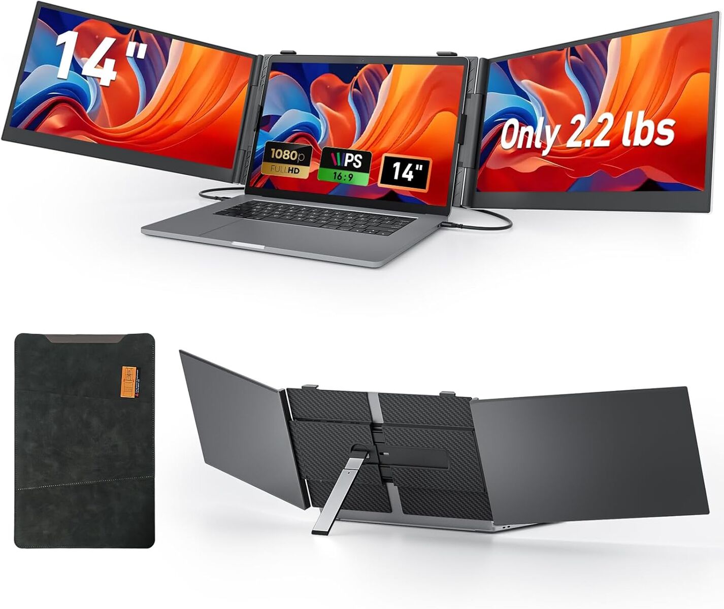 NEW 2.2lb Ultra-Light Laptop Screen Extender, 14" Triple Portable MonitorUltra-Thin 1080P FHD Monitors for 13-17.3"
