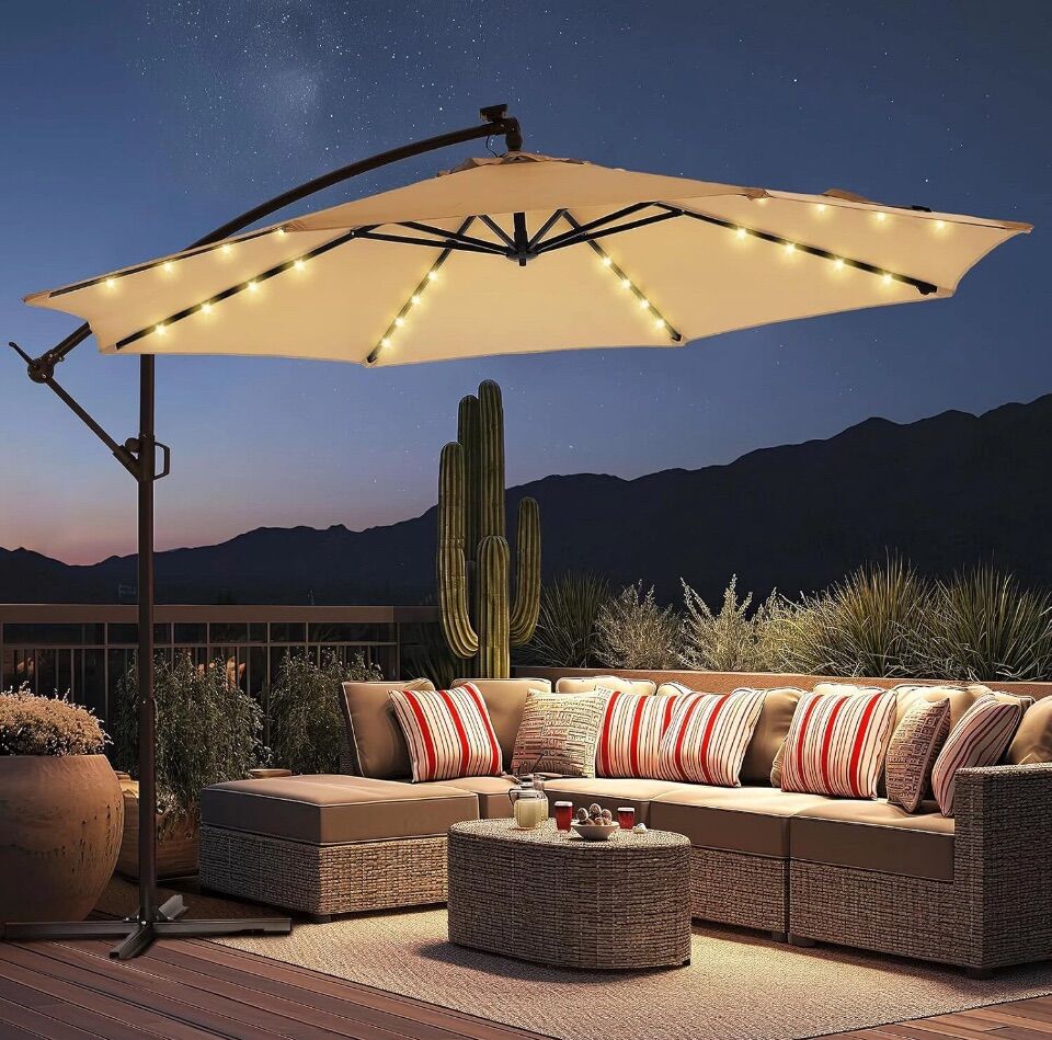 10ft Solar Lights Offset Cantilever Patio Umbrella