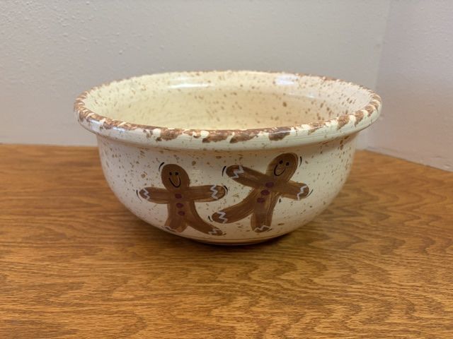 Hand-Painted Gingerbread Man Ceramic Bowl - Speckled Cream with Brown Rim - Festive Kitchen Decor