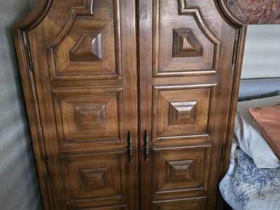 Vintage Solid Wood Armoire Wardrobe Cabinet with Drawers - Dark Wood Finish