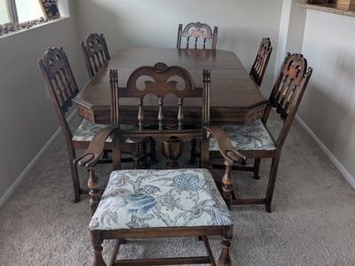 Vintage Solid Wood Dining Table & 6 Chairs Set - Ornate Carved Details, Upholstered Seats