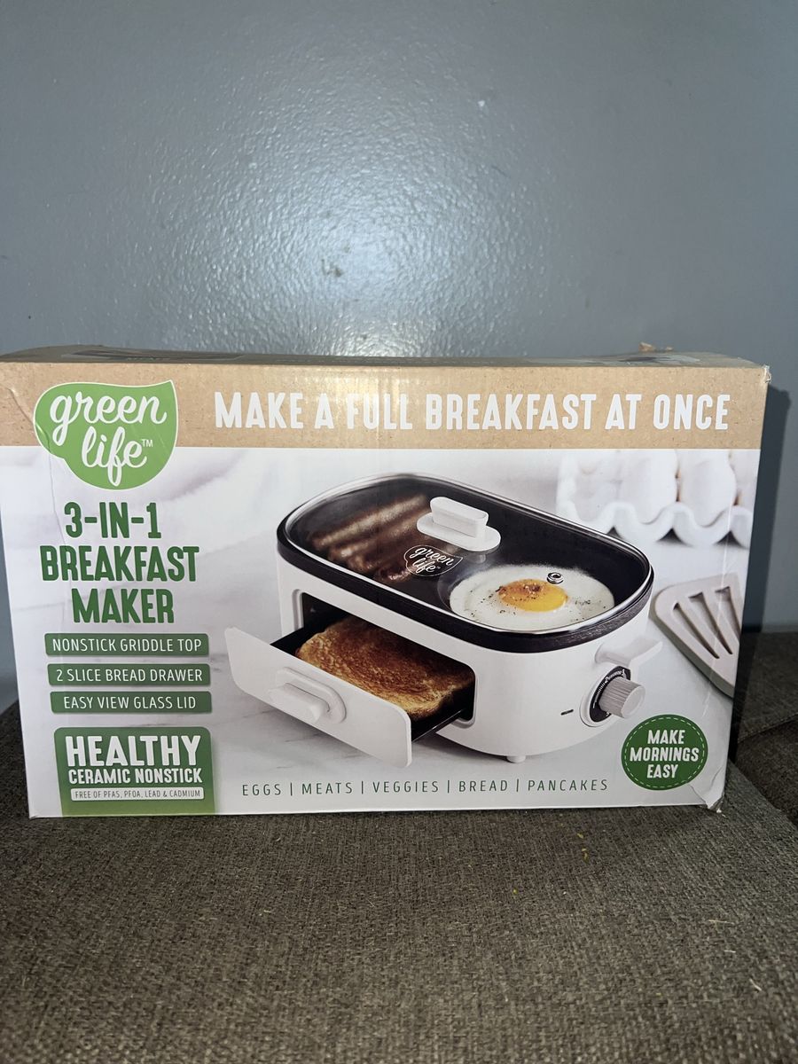 GreenLife 3-in-1 Breakfast Maker Nonstick Griddle Top with 2-Slice Bread Drawer, White