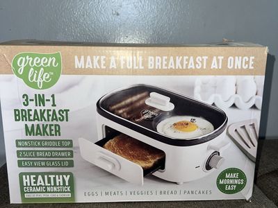 GreenLife 3-in-1 Breakfast Maker Nonstick Griddle Top with 2-Slice Bread Drawer, White