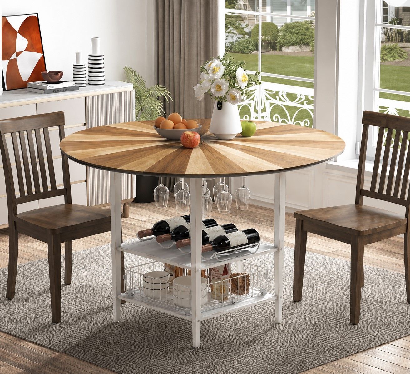 NEW! 47” Round Dining Table w/Storage Rack – Light Acacia w/Wood Dining Chairs Set of 2