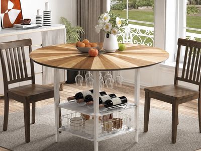 NEW! 47” Round Dining Table w/Storage Rack – Light Acacia w/Wood Dining Chairs Set of 2