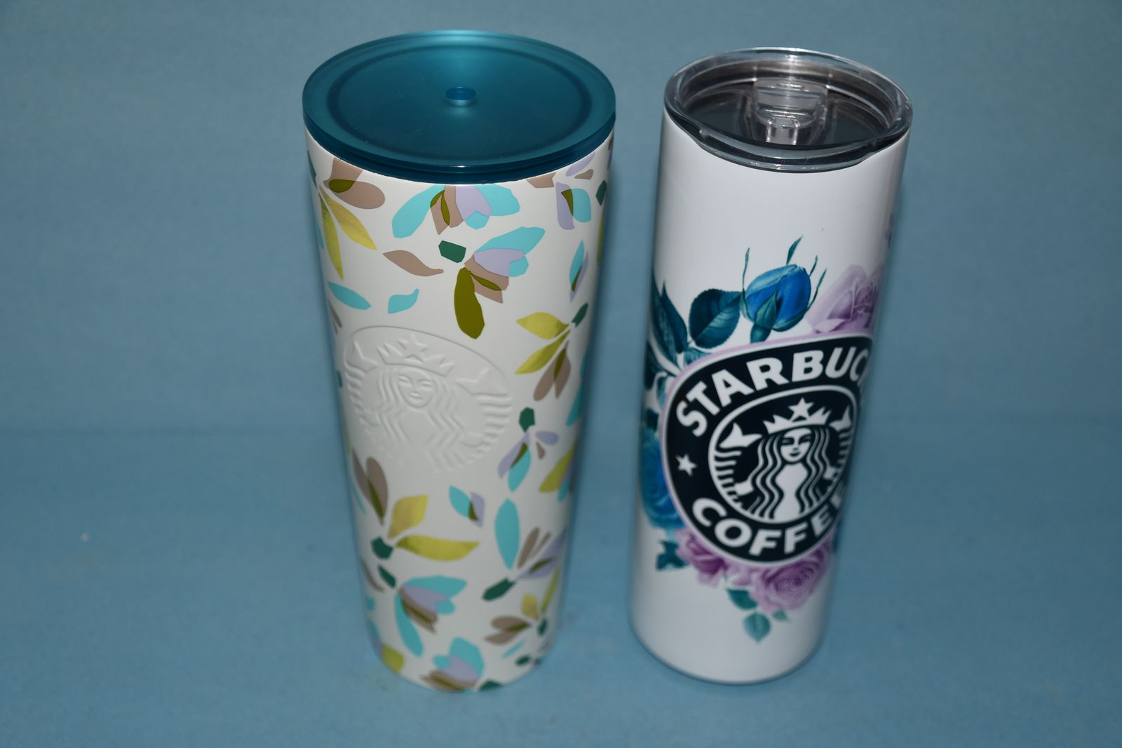 2 "STARBUCKS" STAINLESS STEEL TUMBLERS ~ FLOWERS ~ LARGEST is 24 oz ~ CLEAN ~ BOTH FOR $5