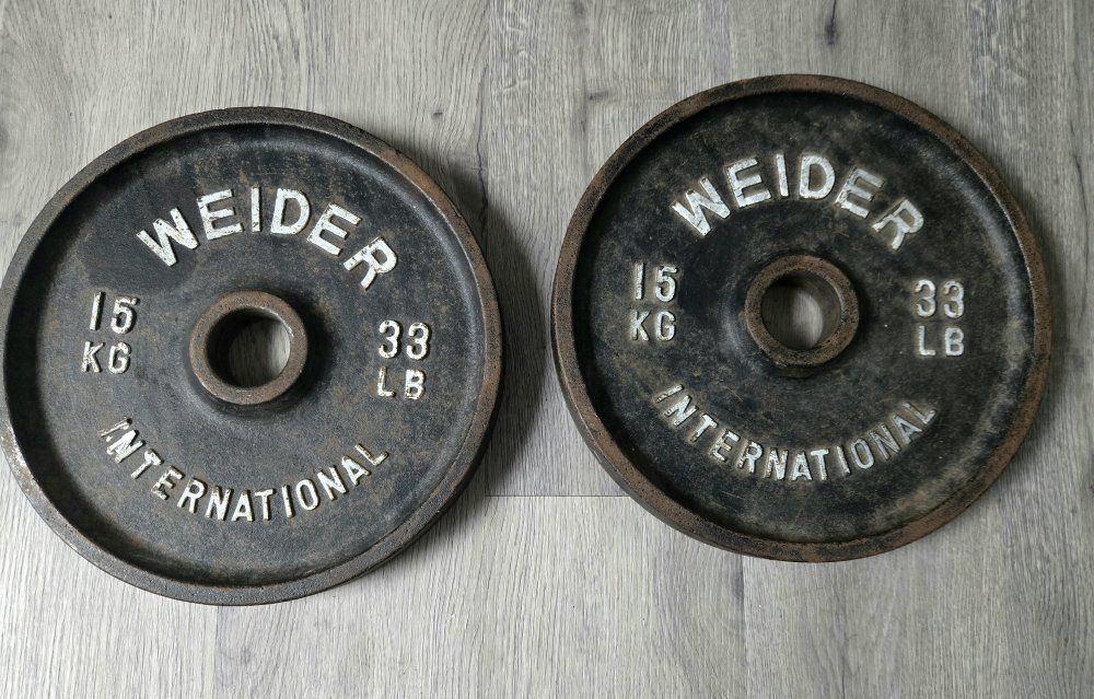 Vintage Weider International 15kg (33lb) Weight Plates - Pair of 2 Cast Iron Dumbbell/Barbell Weights