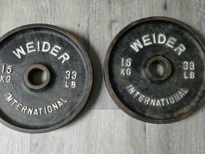 Vintage Weider International 15kg (33lb) Weight Plates - Pair of 2 Cast Iron Dumbbell/Barbell Weights