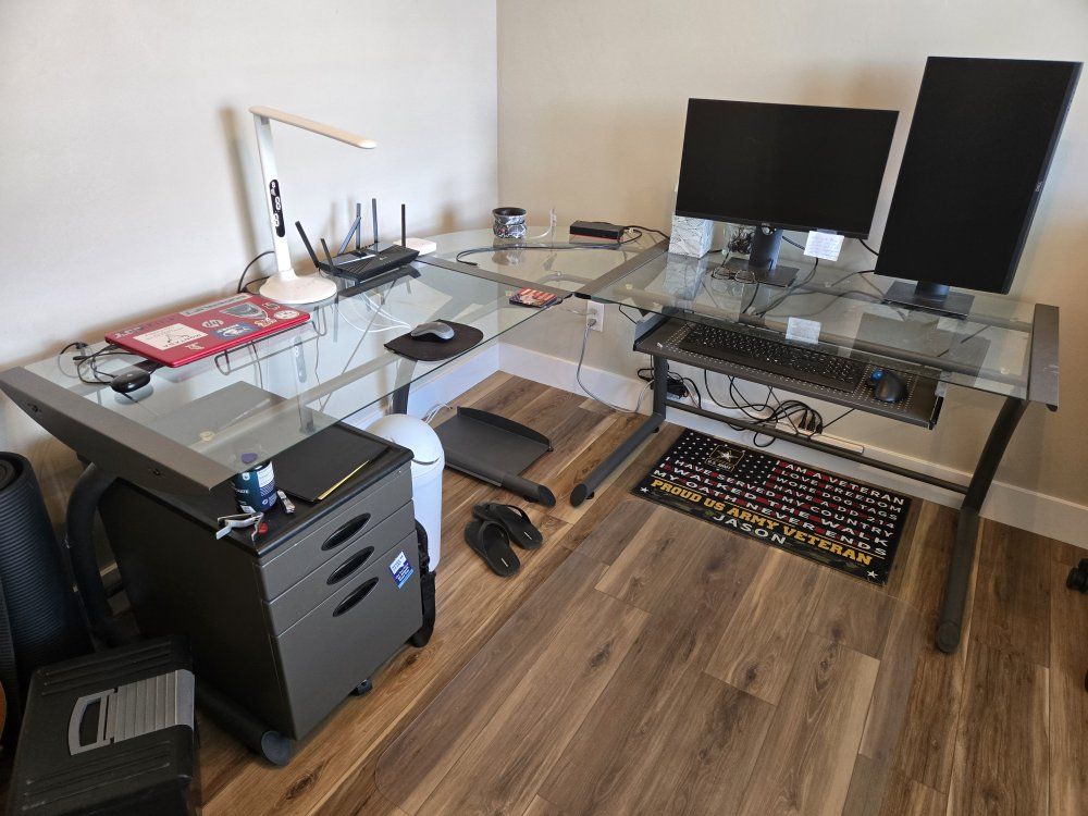 Used L-Shaped Glass Top Office Desk with Filing Cabinet and Haworth Fern Office Chair