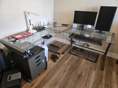 Used L-Shaped Glass Top Office Desk with Filing Cabinet and Haworth Fern Office Chair