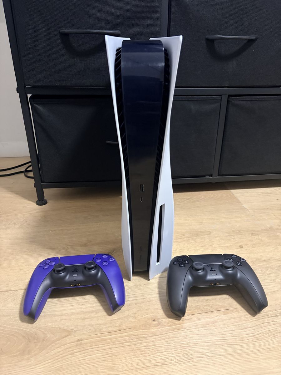 Sony PlayStation 5 PS5 Disc Console with 2 DualSense Controllers - White/Black, Purple, Black