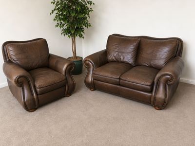 Genuine Brown Leather Loveseat & Matching Chair Set | Nailhead Trim | High-End Traditional Furniture
