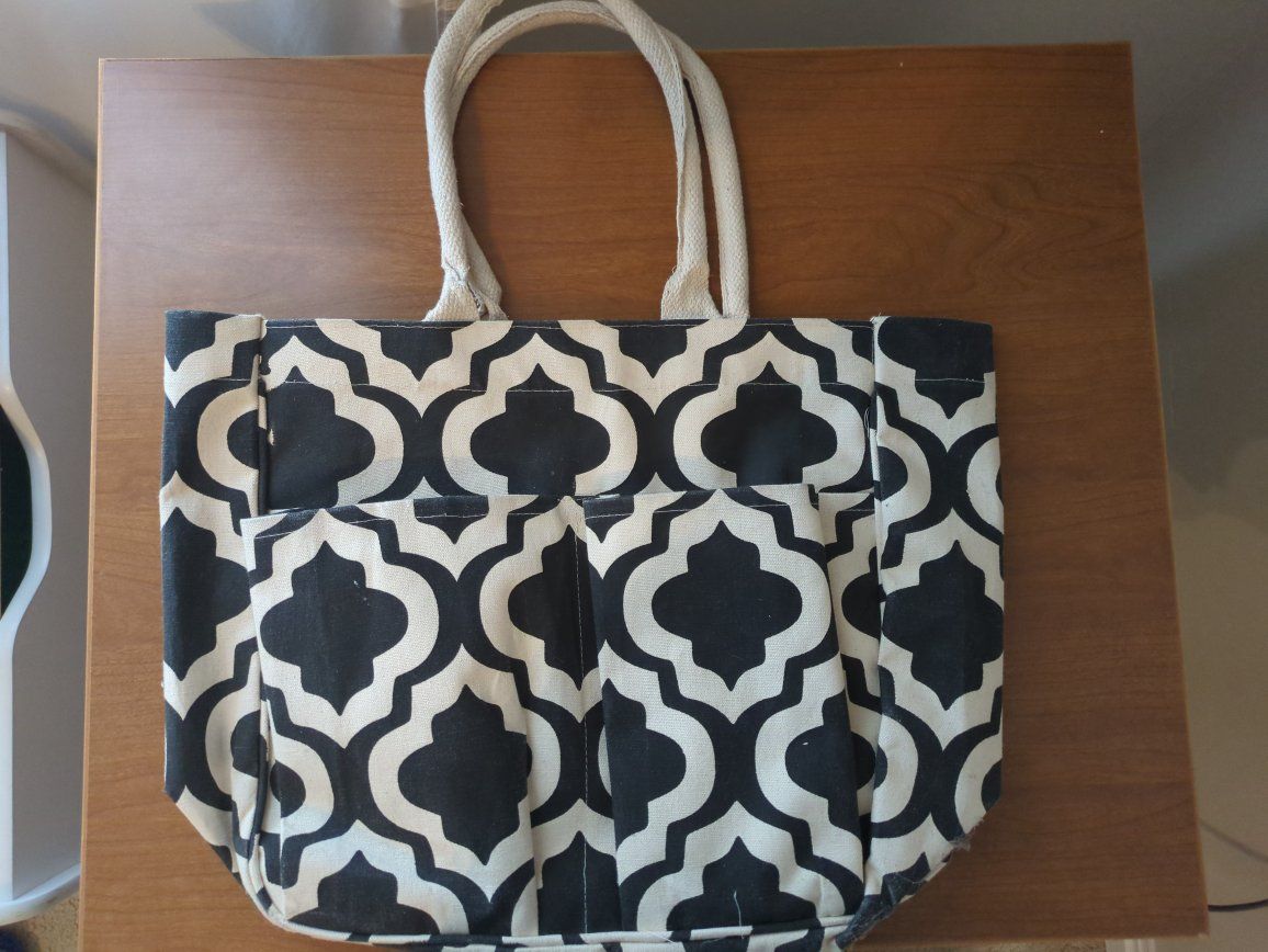 Black & White Geometric Canvas Tote Bag with Rope Handles & Outer Pockets