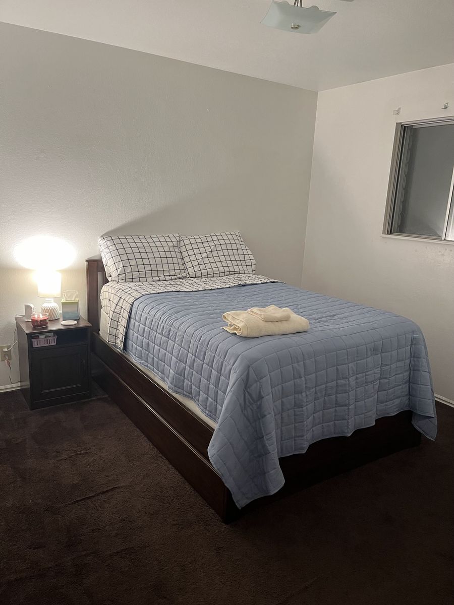 Skorva IKEA bed frame used, mattress, box spring, and side table