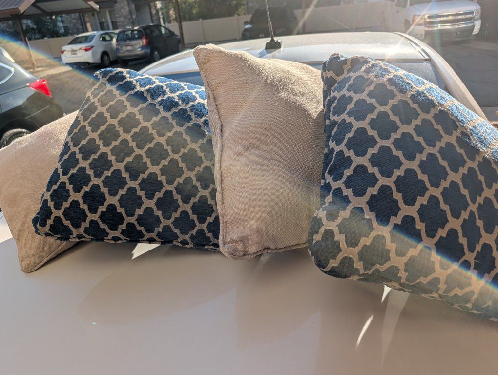 Set of 4 Decorative Throw Pillows | Blue Geometric Trellis & Solid Beige