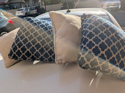 Set of 4 Decorative Throw Pillows | Blue Geometric Trellis & Solid Beige