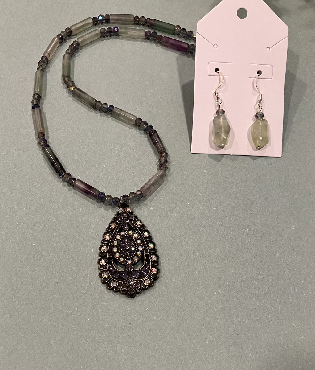 Vintage Style Purple &  Lime Green Beaded Pendant Necklace And Earrings