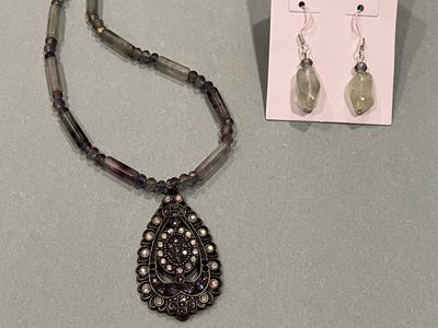 Vintage Style Purple & Lime Green Beaded Pendant Necklace And Earrings