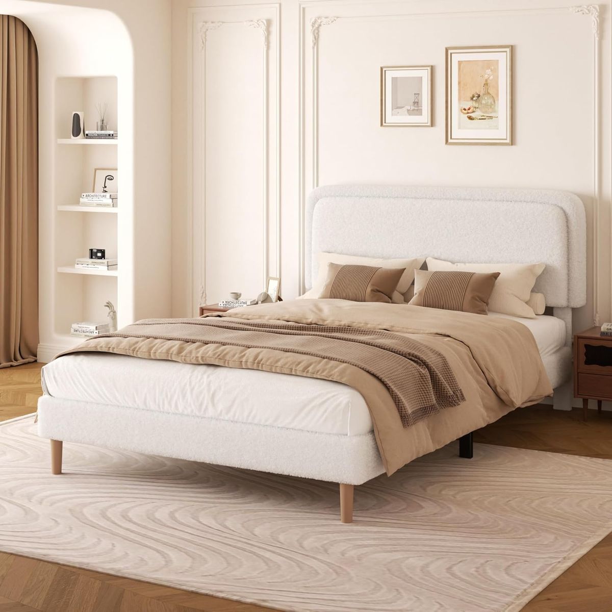 Brand New, in the box, Full size Boucle Upholstered Platform Bed Frame (White)