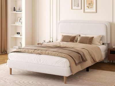 Brand New, in the box, Full size Boucle Upholstered Platform Bed Frame (White)