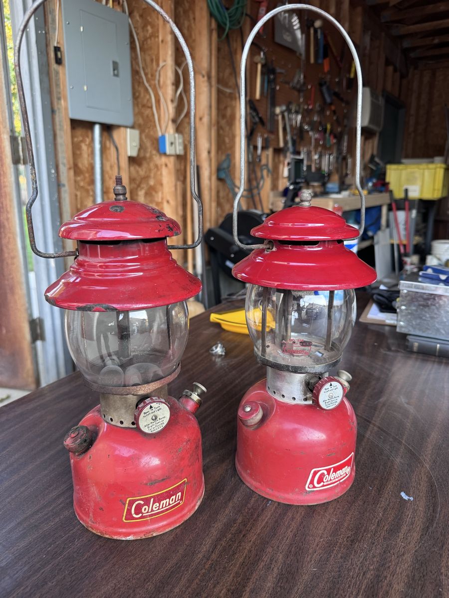 Vintage Coleman Model 200A Red Gas Mantle Lanterns Pair