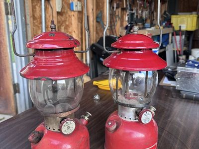 Vintage Coleman Model 200A Red Gas Mantle Lanterns Pair